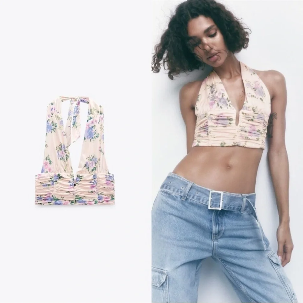 NWT Zara Pale Pink Blue Floral Deep V Cropped Halter Neck Ruched Top sz Small - Picture 2 of 11
